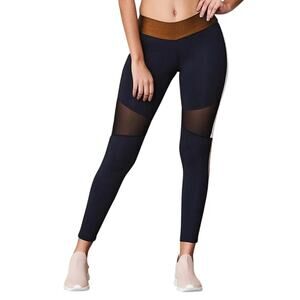 Women's Black High-Waist Mesh Panel Leggings with Brown Waistband